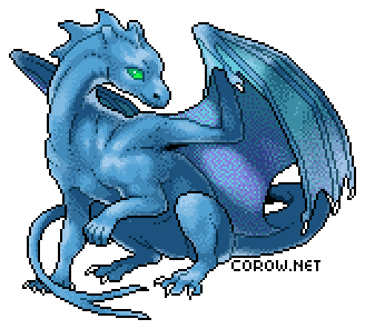 A larger image of a small blue dragon resting on its haunches, with wings half-unfurled. It has a calm expression.