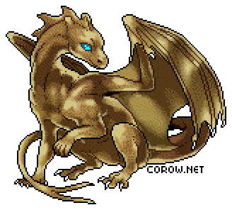 A larger image of a small bronze dragon resting on its haunches, with wings half-unfurled. It has a calm expression.