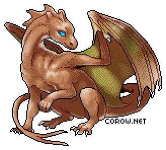 A larger image of a small brown dragon resting on its haunches, with wings half-unfurled. It has a calm expression.