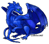 A small blue dragon resting on its haunches, with wings half-unfurled. It has a calm expression.