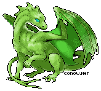 A larger image of a small green dragon resting on its haunches, with wings half-unfurled. It has a calm expression.