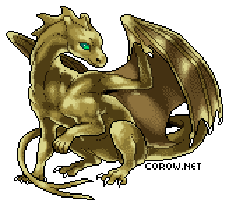 A larger image of a small bronze dragon resting on its haunches, with wings half-unfurled. It has a calm expression.