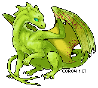 A larger image of a small green dragon resting on its haunches, with wings half-unfurled. It has a calm expression.