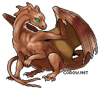 A larger image of a small brown dragon resting on its haunches, with wings half-unfurled. It has a calm expression.