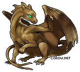 A small brown dragon resting on its haunches, with wings half-unfurled. It has a calm expression.