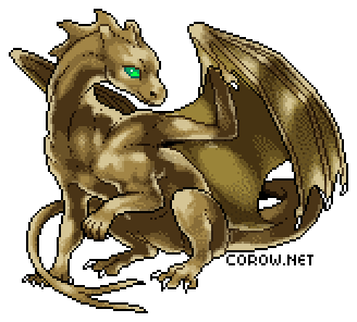 A larger image of a small bronze dragon resting on its haunches, with wings half-unfurled. It has a calm expression.