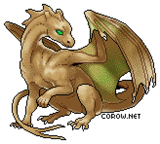 A larger image of a small brown dragon resting on its haunches, with wings half-unfurled. It has a calm expression.