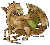 A small brown dragon resting on its haunches, with wings half-unfurled. It has a calm expression.