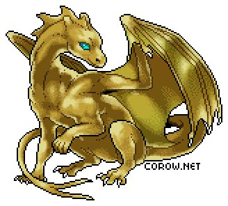 A larger image of a small bronze dragon resting on its haunches, with wings half-unfurled. It has a calm expression.