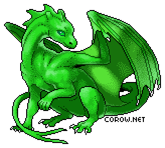 A larger image of a small green dragon resting on its haunches, with wings half-unfurled. It has a calm expression.
