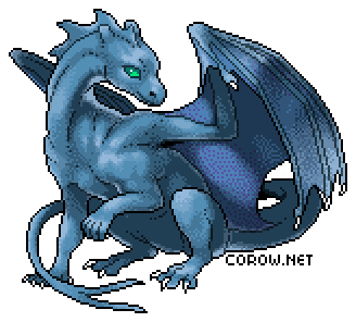 A larger image of a small blue dragon resting on its haunches, with wings half-unfurled. It has a calm expression.