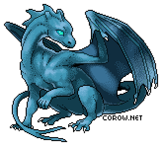 A larger image of a small blue dragon resting on its haunches, with wings half-unfurled. It has a calm expression.