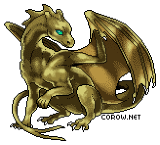 A larger image of a small bronze dragon resting on its haunches, with wings half-unfurled. It has a calm expression.