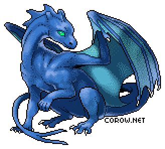 A larger image of a small blue dragon resting on its haunches, with wings half-unfurled. It has a calm expression.
