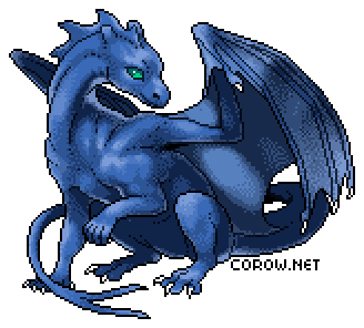 A larger image of a small blue dragon resting on its haunches, with wings half-unfurled. It has a calm expression.