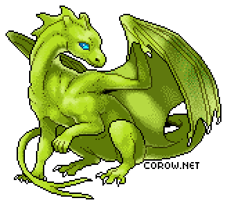 A larger image of a small green dragon resting on its haunches, with wings half-unfurled. It has a calm expression.