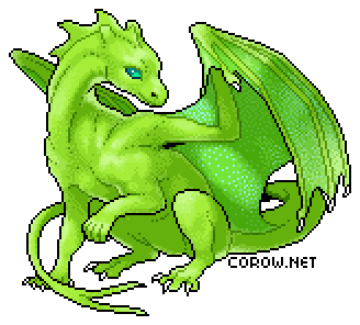 A larger image of a small green dragon resting on its haunches, with wings half-unfurled. It has a calm expression.