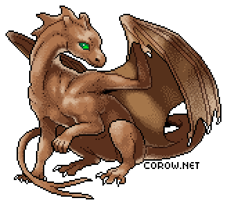 A larger image of a small brown dragon resting on its haunches, with wings half-unfurled. It has a calm expression.