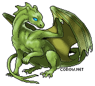 A larger image of a small green dragon resting on its haunches, with wings half-unfurled. It has a calm expression.