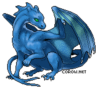 A larger image of a small blue dragon resting on its haunches, with wings half-unfurled. It has a calm expression.