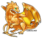 A small gold dragon resting on its haunches, with wings half-unfurled. It has a calm expression.