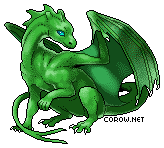 A small green dragon resting on its haunches, with wings half-unfurled. It has a calm expression.