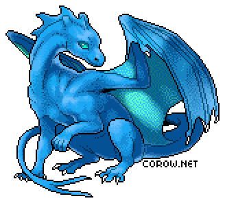 A larger image of a small blue dragon resting on its haunches, with wings half-unfurled. It has a calm expression.