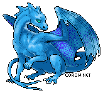A larger image of a small blue dragon resting on its haunches, with wings half-unfurled. It has a calm expression.