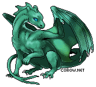 A larger image of a small green dragon resting on its haunches, with wings half-unfurled. It has a calm expression.