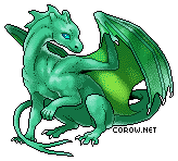 A small green dragon resting on its haunches, with wings half-unfurled. It has a calm expression.