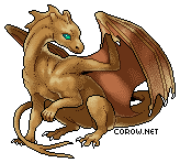 A small brown dragon resting on its haunches, with wings half-unfurled. It has a calm expression.