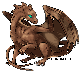 A larger image of a small brown dragon resting on its haunches, with wings half-unfurled. It has a calm expression.