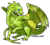 A small green dragon resting on its haunches, with wings half-unfurled. It has a calm expression.