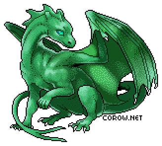 A larger image of a small green dragon resting on its haunches, with wings half-unfurled. It has a calm expression.