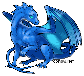 A larger image of a small blue dragon resting on its haunches, with wings half-unfurled. It has a calm expression.