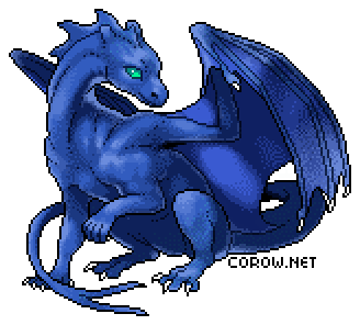 A larger image of a small blue dragon resting on its haunches, with wings half-unfurled. It has a calm expression.
