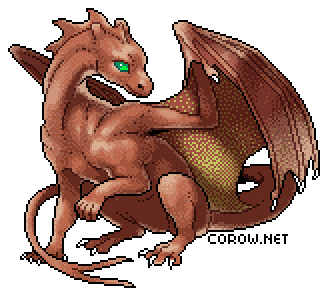 A larger image of a small brown dragon resting on its haunches, with wings half-unfurled. It has a calm expression.