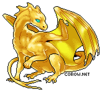 A larger image of a small gold dragon resting on its haunches, with wings half-unfurled. It has a calm expression.