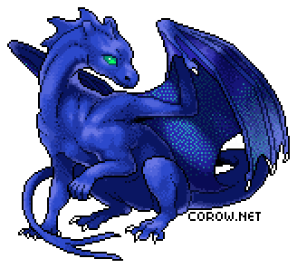 A larger image of a small blue dragon resting on its haunches, with wings half-unfurled. It has a calm expression.