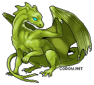 A larger image of a small green dragon resting on its haunches, with wings half-unfurled. It has a calm expression.