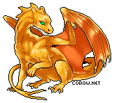 A small gold dragon resting on its haunches, with wings half-unfurled. It has a calm expression.