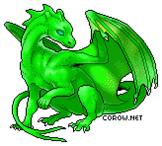 A larger image of a small green dragon resting on its haunches, with wings half-unfurled. It has a calm expression.