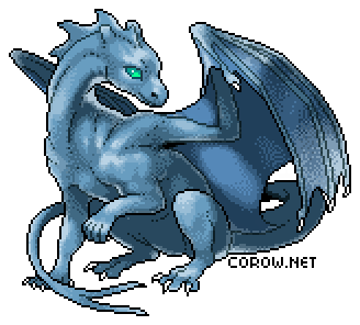 A larger image of a small blue dragon resting on its haunches, with wings half-unfurled. It has a calm expression.