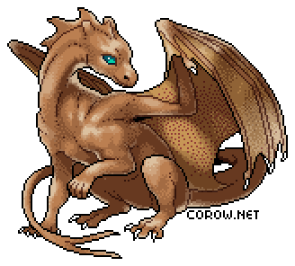 A larger image of a small brown dragon resting on its haunches, with wings half-unfurled. It has a calm expression.