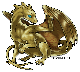 A larger image of a small bronze dragon resting on its haunches, with wings half-unfurled. It has a calm expression.