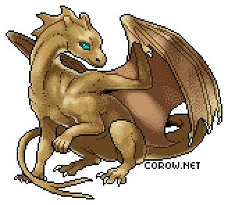 A larger image of a small brown dragon resting on its haunches, with wings half-unfurled. It has a calm expression.