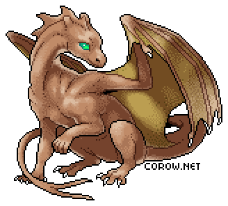 A larger image of a small brown dragon resting on its haunches, with wings half-unfurled. It has a calm expression.