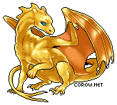 A small gold dragon resting on its haunches, with wings half-unfurled. It has a calm expression.