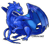 A small blue dragon resting on its haunches, with wings half-unfurled. It has a calm expression.