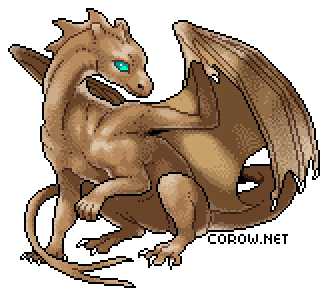 A larger image of a small brown dragon resting on its haunches, with wings half-unfurled. It has a calm expression.